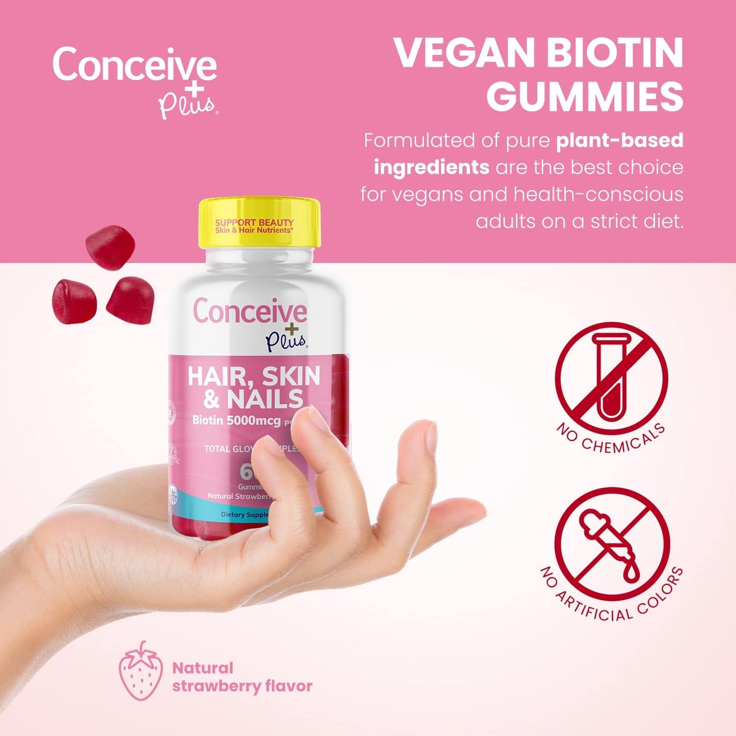 Extra-Strength Hair Skin & Nails Gummies with Biotin - Vegan Hair Growth Supplement - Gelatin-Free - 60 Count
