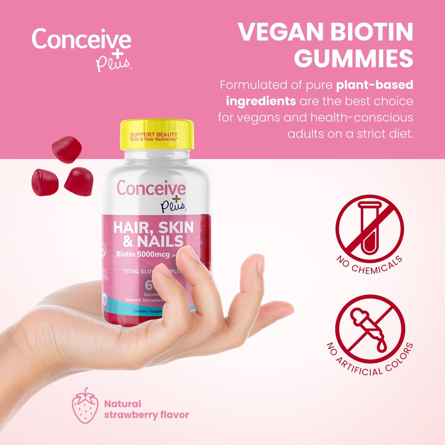 Extra-Strength Hair Skin & Nails Gummies with Biotin - Vegan Hair Growth Supplement - Gelatin-Free - 60 Count