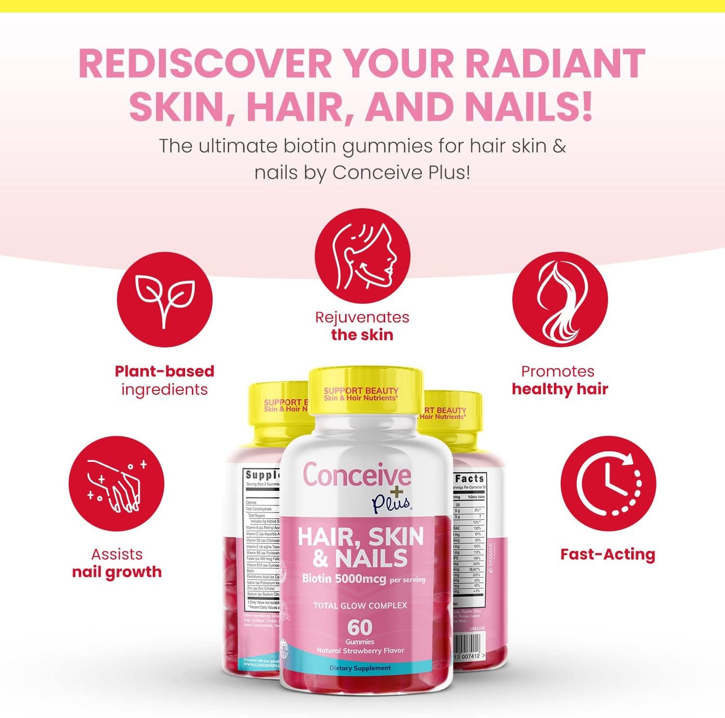 Extra-Strength Hair Skin & Nails Gummies with Biotin - Vegan Hair Growth Supplement - Gelatin-Free - 60 Count