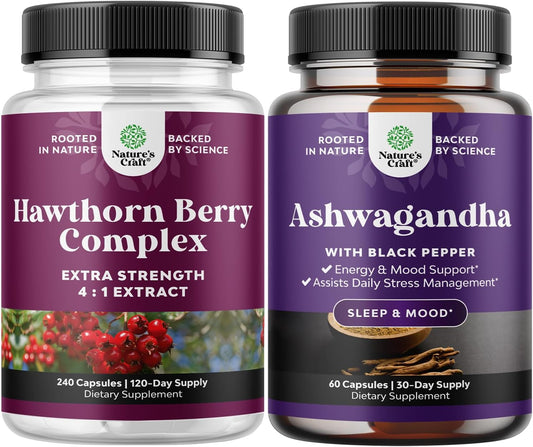 Extra Strength Hawthorn Berry and Ashwagandha Root Bundle - Natural Supplements for Heart Health, Digestion, Sleep, Mood, and Immune Support