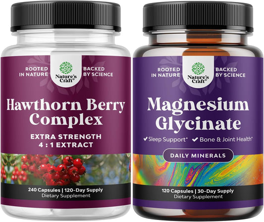 Extra Strength Hawthorn Berry Capsules and Pure Magnesium Glycinate Bundle for Heart Health, Digestion, Mood, Sleep, and Relaxation