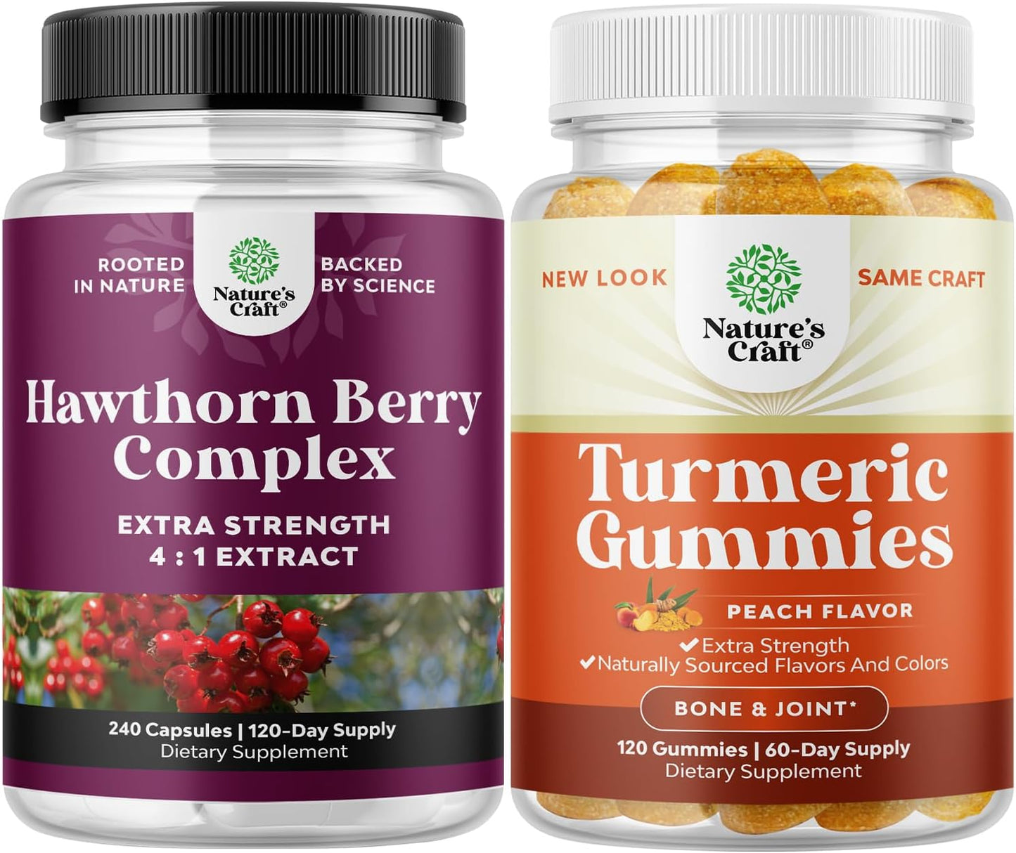 Extra Strength Hawthorn Berry Capsules and Turmeric Gummies Bundle for Heart, Digestion, and Joint Support in Adults - Peach Flavor
