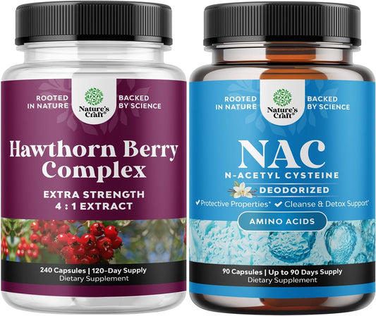 Extra Strength Hawthorn Berry Capsules Bundle for Heart Health, Liver Cleanse, and Immunity Support - NAC Supplement for Detox and Lung Health