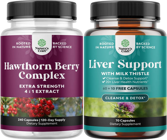 Extra Strength Hawthorn Berry Capsules for Digestion, Heart Health, Liver Cleanse, Detox & Repair - Herbal Support Supplement Bundle by Natures Craft