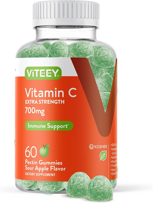 Extra Strength Immune Support Vitamin C Gummies for Adults & Teens - 700mg - Vegan Sour Apple Flavored Chewable Gummy - Gelatin & Gluten Free