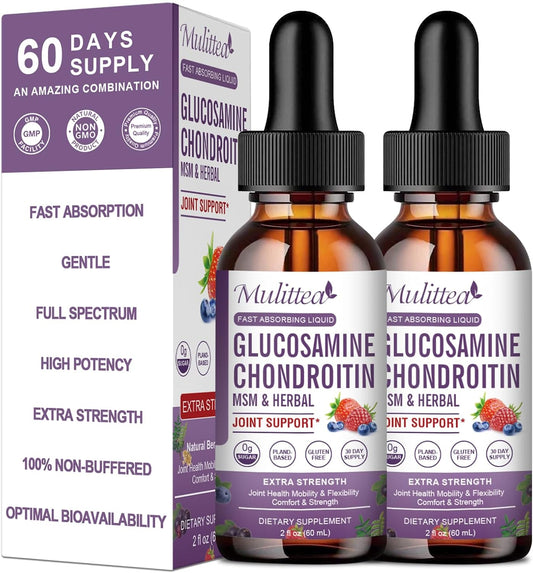 Extra Strength Joint Support Liquid Drops with Glucosamine, Chondroitin, MSM, Elderberry, Boswelia, Bromelain, Hyaluronic Acid - Antioxidant Immune Support - 2 Pack for Adults