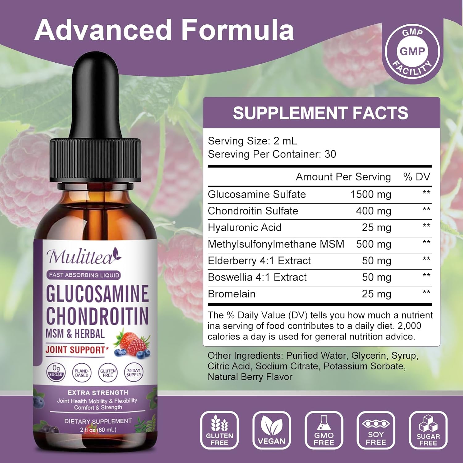 Extra Strength Joint Support Liquid Drops with Glucosamine, Chondroitin, MSM, Elderberry, Boswelia, Bromelain, Hyaluronic Acid - Antioxidant Immune Support - 2 Pack for Adults