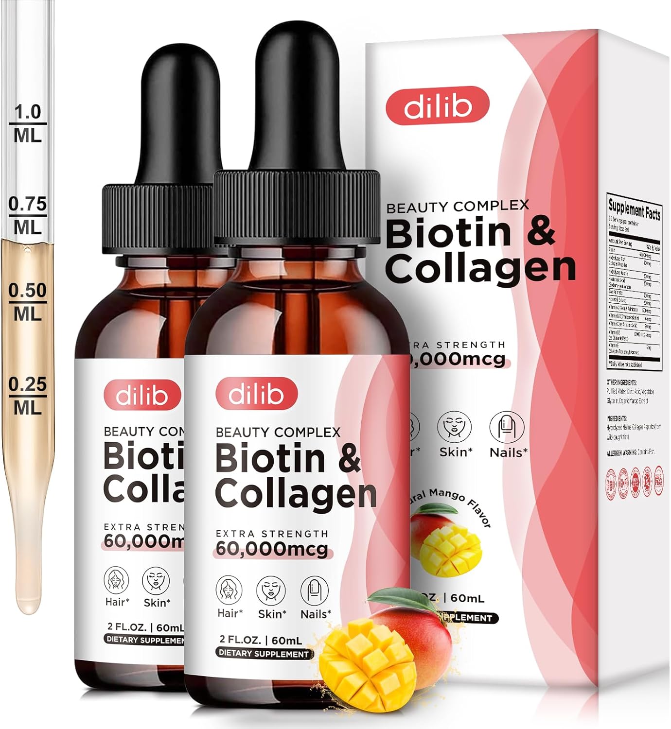 Extra Strength Liquid Biotin 60000 mcg Drops with Hyaluronic Acid, Saw Palmetto, Marine Collagen & Keratin - Hair Growth Vitamins - (2 Pack) Hair, Skin, Nail, Joints Support Supplement