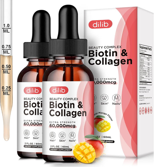 Extra Strength Liquid Biotin 60000 mcg Drops with Hyaluronic Acid, Saw Palmetto, Marine Collagen & Keratin - Hair Growth Vitamins - (2 Pack) Hair, Skin, Nail, Joints Support Supplement