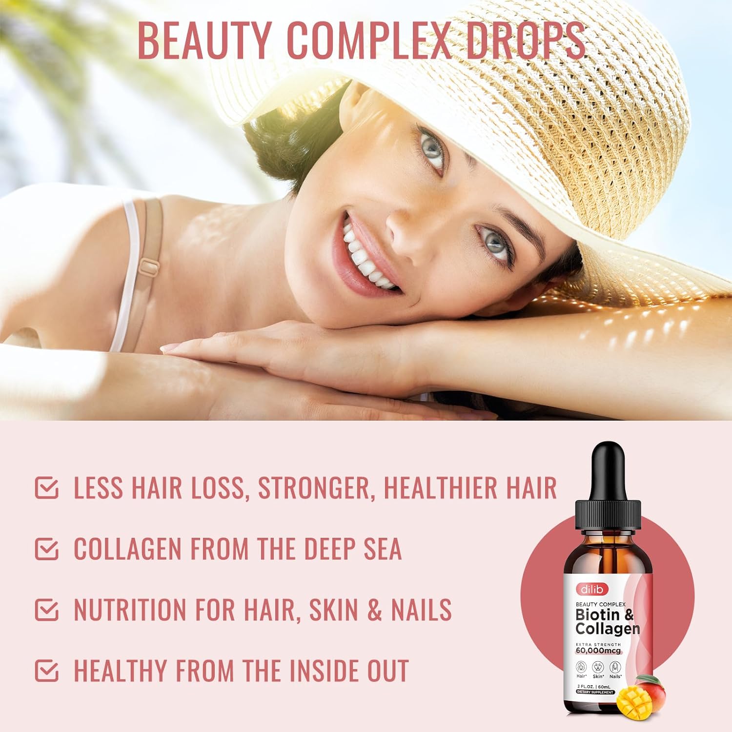 Extra Strength Liquid Biotin 60000 mcg Drops with Hyaluronic Acid, Saw Palmetto, Marine Collagen & Keratin - Hair Growth Vitamins - (2 Pack) Hair, Skin, Nail, Joints Support Supplement
