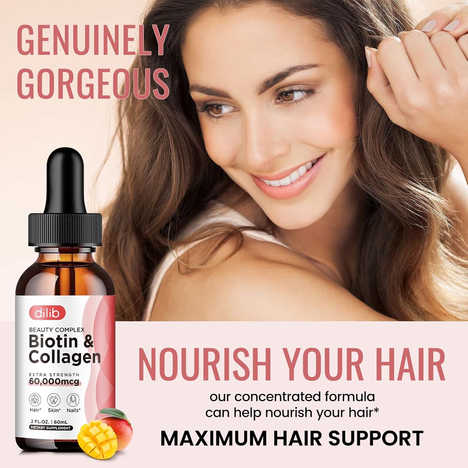 Extra Strength Liquid Biotin 60000 mcg Drops with Hyaluronic Acid, Saw Palmetto, Marine Collagen & Keratin - Hair Growth Vitamins - (2 Pack) Hair, Skin, Nail, Joints Support Supplement
