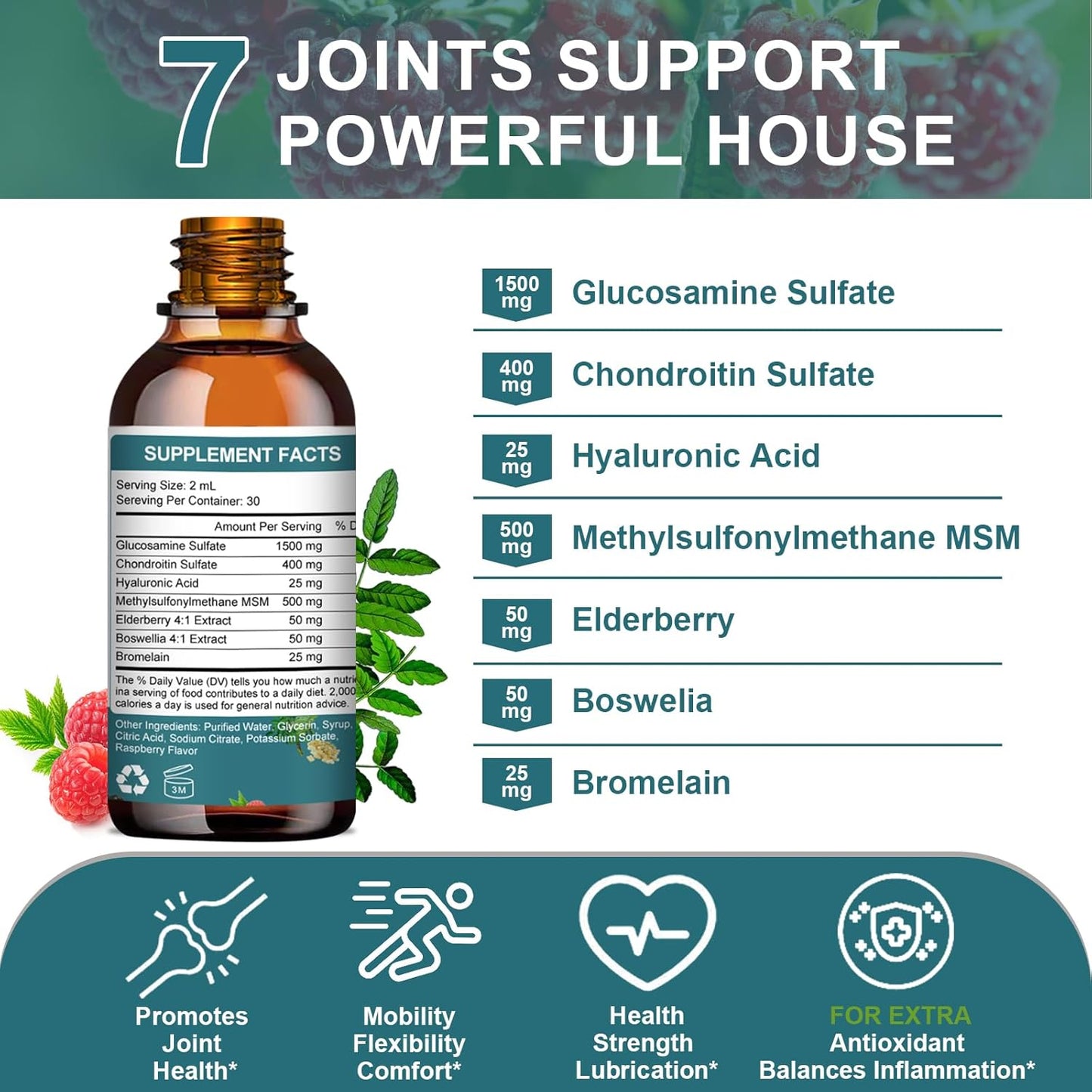 Extra Strength Liquid Joint Support Supplement with Glucosamine, Chondroitin, MSM, Elderberry, Boswelia, Bromelain, and Hyaluronic Acid - Antioxidant Immune Support for Adults, Men & Women - 2 Fl oz