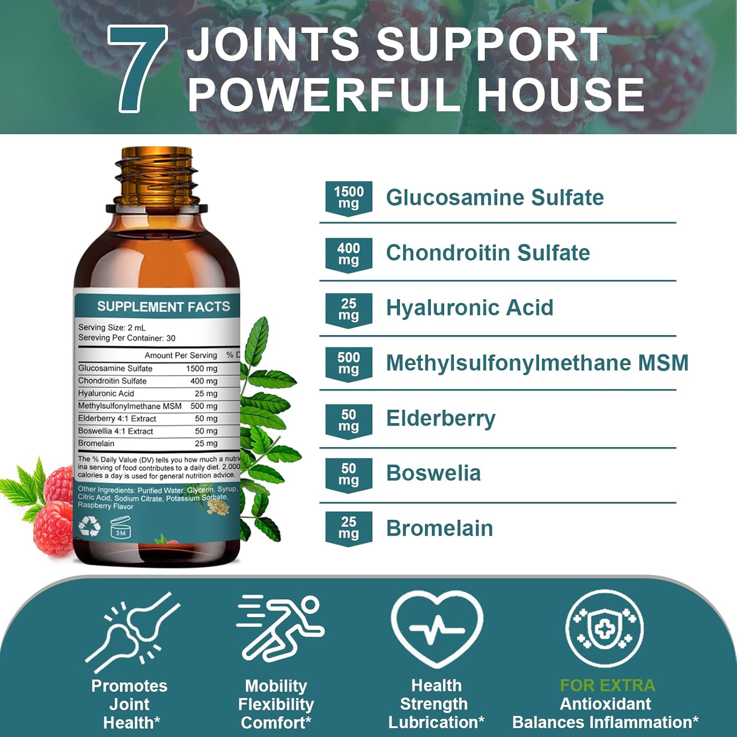Extra Strength Liquid Joint Support Supplement with Glucosamine, Chondroitin, MSM, Elderberry, Boswelia, Bromelain, and Hyaluronic Acid - Antioxidant Immune Support for Adults, Men & Women - 2 Fl oz