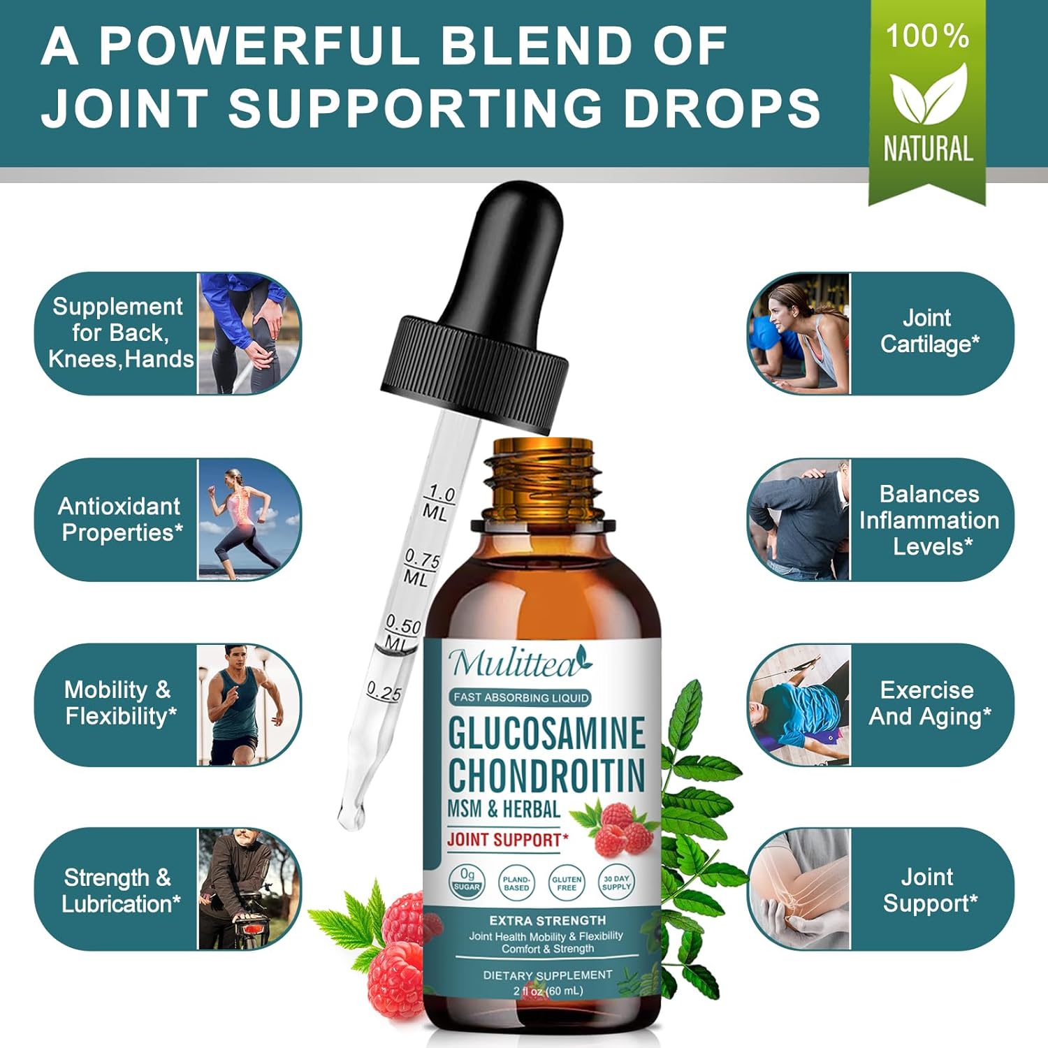 Extra Strength Liquid Joint Support Supplement with Glucosamine, Chondroitin, MSM, Elderberry, Boswelia, Bromelain, and Hyaluronic Acid - Antioxidant Immune Support for Adults, Men & Women - 2 Fl oz
