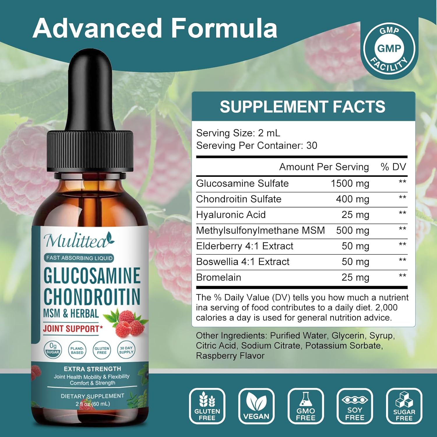 Extra Strength Liquid Joint Support Supplement with Glucosamine, Chondroitin, MSM, Elderberry, Boswelia, Bromelain, and Hyaluronic Acid - Antioxidant Immune Support for Adults, Men & Women - 2 Fl oz