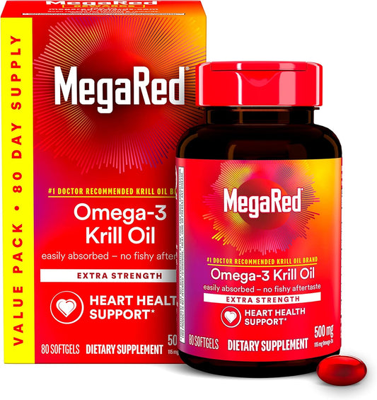 Extra Strength Megared Omega-3 Fish Oil Softgels, 500mg, 80 Count - Krill Oil Formula with No Fishy Aftertaste