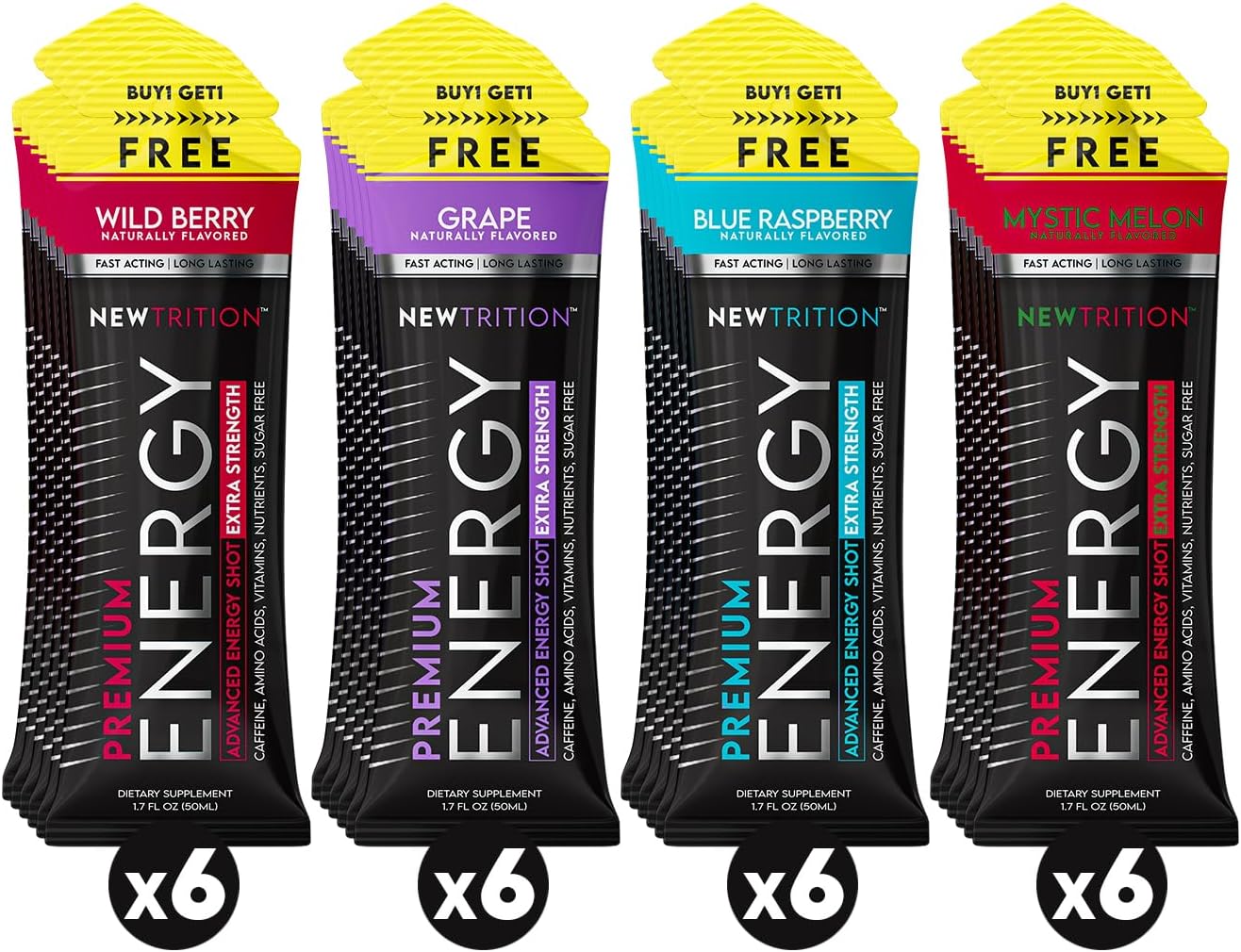 Extra Strength NewTrition Energy Shots with Caffeine, Vitamin B, Amino Acids - Sugar-Free, 1.7 fl oz Packets, Mixed Flavors, 24 Count - BoostGo Australia