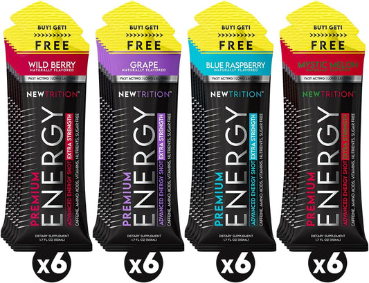 Extra Strength NewTrition Energy Shots with Caffeine, Vitamin B, Amino Acids - Sugar-Free, 1.7 fl oz Packets, Mixed Flavors, 24 Count - BoostGo Australia