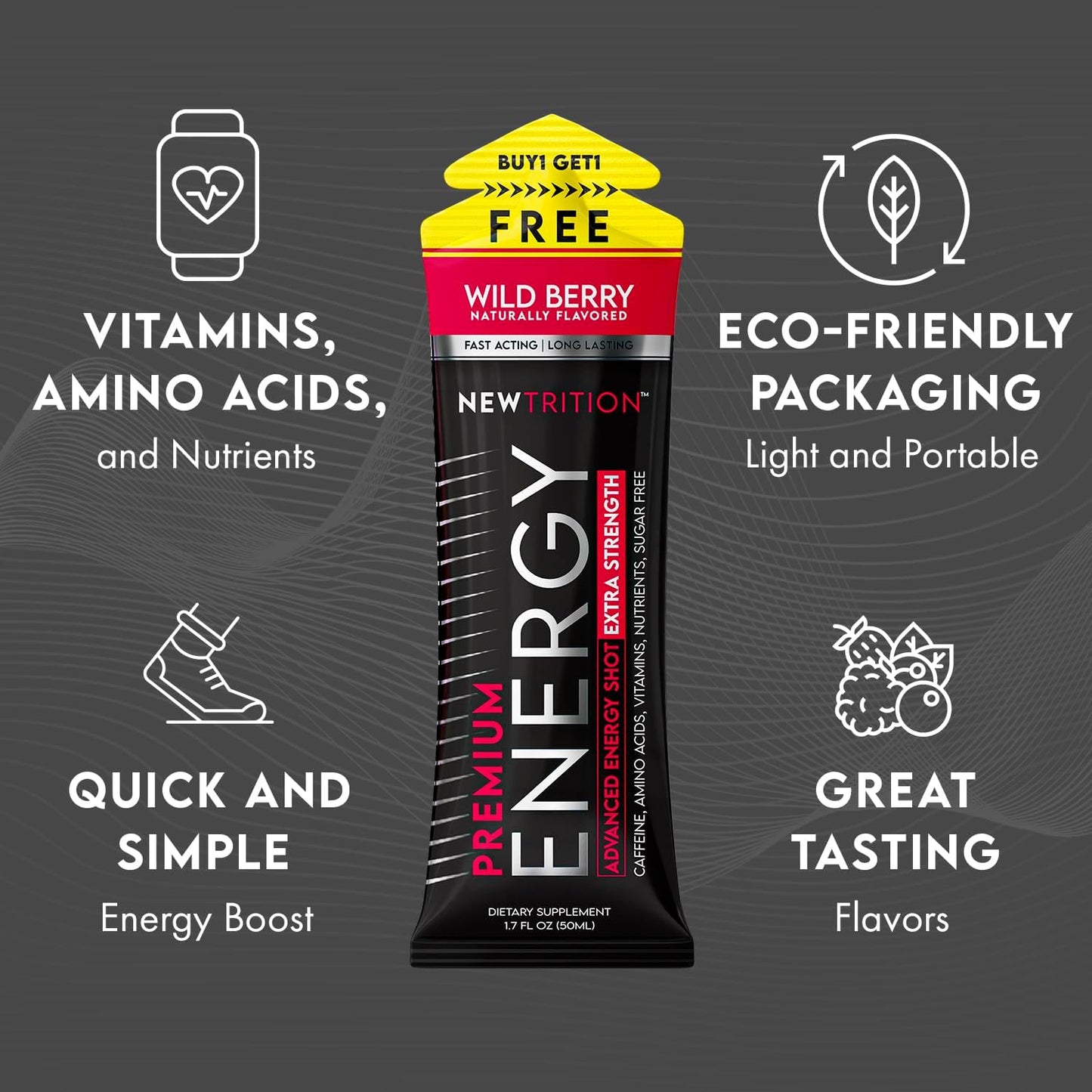 Extra Strength NewTrition Energy Shots with Caffeine, Vitamin B, Amino Acids - Sugar-Free, 1.7 fl oz Packets, Mixed Flavors, 24 Count - BoostGo Australia