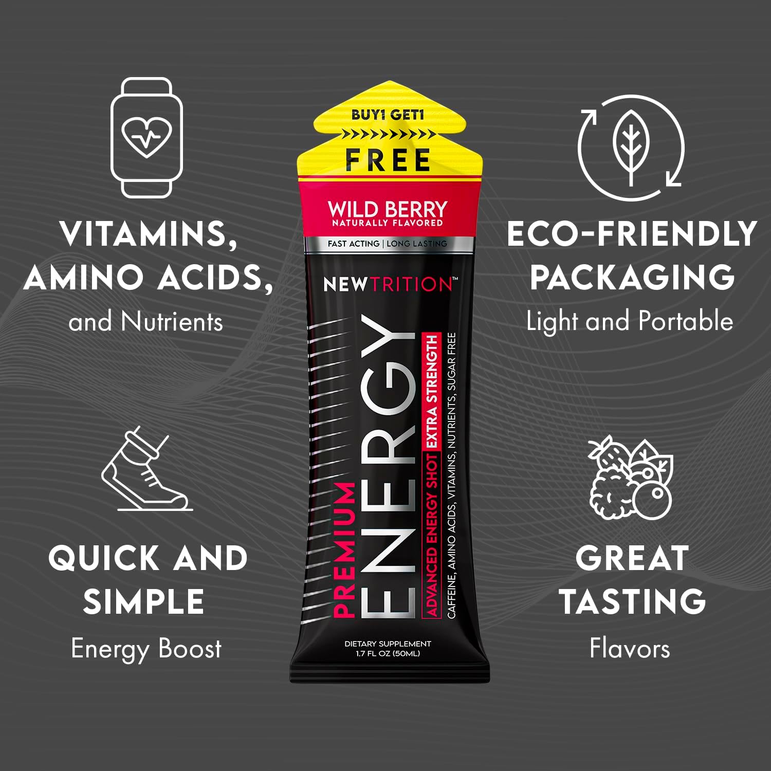 Extra Strength NewTrition Energy Shots with Caffeine, Vitamin B, Amino Acids - Sugar-Free, 1.7 fl oz Packets, Mixed Flavors, 24 Count - BoostGo Australia