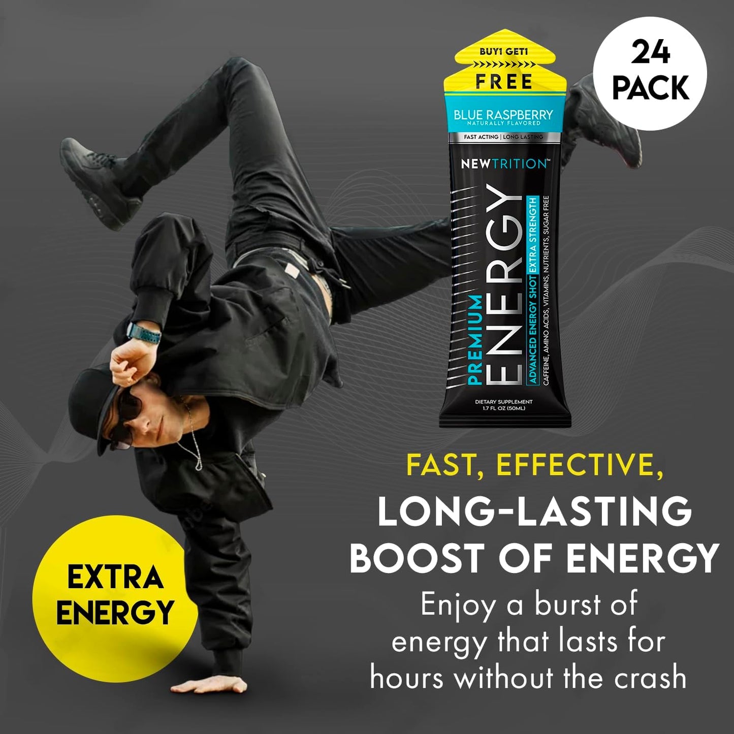 Extra Strength NewTrition Energy Shots with Caffeine, Vitamin B, Amino Acids - Sugar-Free, 1.7 fl oz Packets, Mixed Flavors, 24 Count - BoostGo Australia