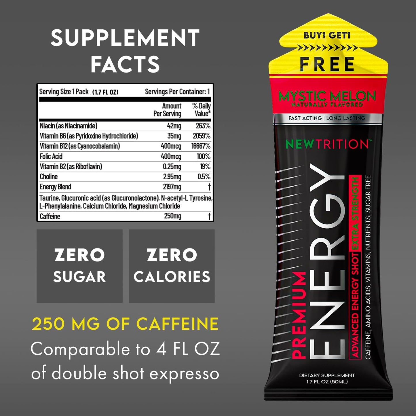Extra Strength NewTrition Energy Shots with Caffeine, Vitamin B, Amino Acids - Sugar-Free, 1.7 fl oz Packets, Mixed Flavors, 24 Count - BoostGo Australia