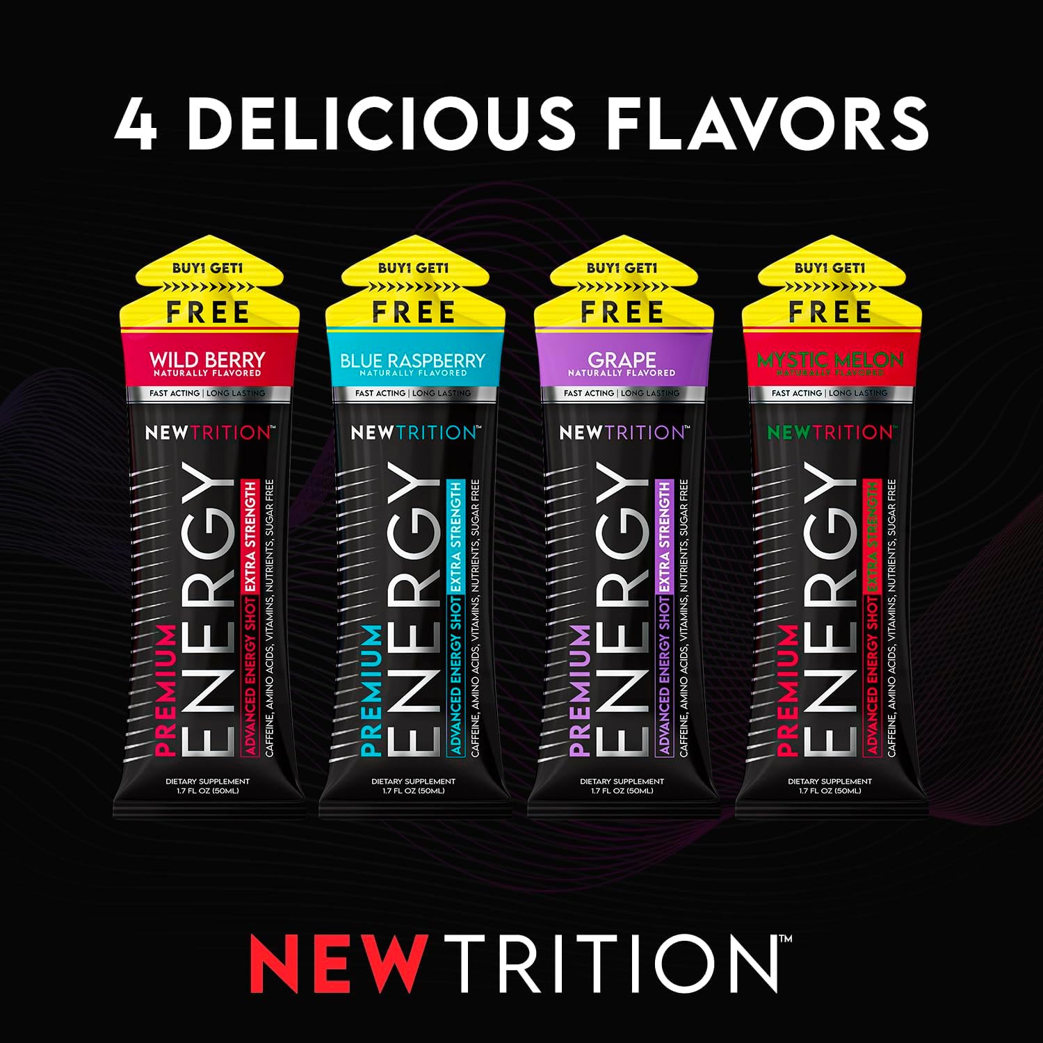 Extra Strength NewTrition Energy Shots with Caffeine, Vitamin B, Amino Acids - Sugar-Free, 1.7 fl oz Packets, Mixed Flavors, 24 Count - BoostGo Australia