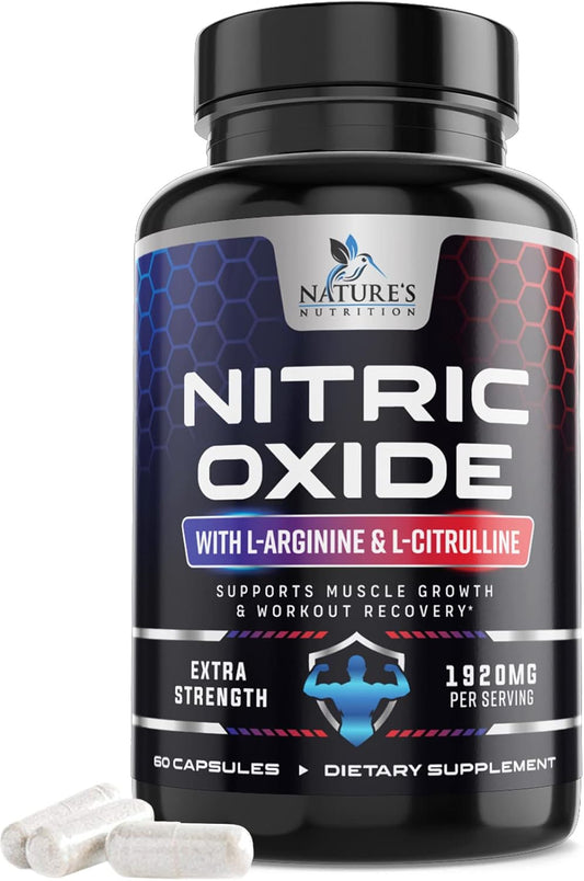 Extra Strength Nitric Oxide Booster with L Arginine - Supports Muscle, Heart Health, Energy - Non-GMO Supplement for Men and Women - 60 Capsules