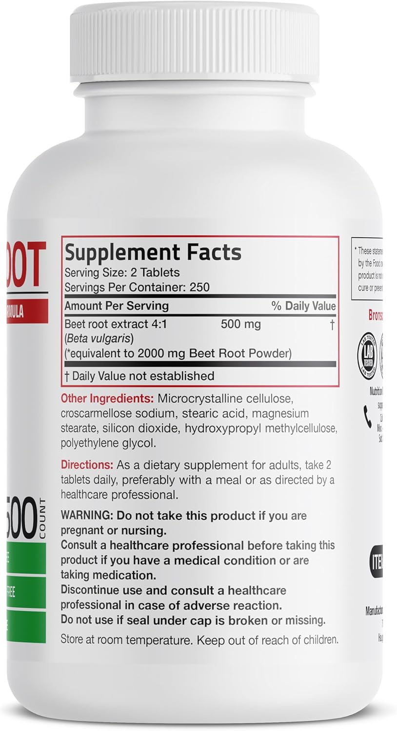 Extra Strength Non-GMO Beet Root Tablets - 500 Vegetarian Capsules by Bronson