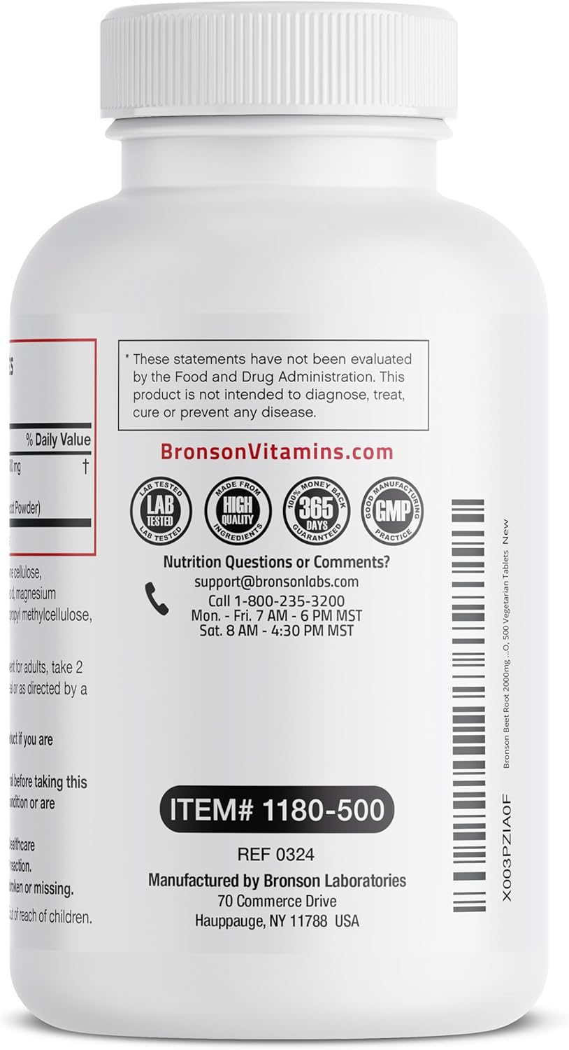Extra Strength Non-GMO Beet Root Tablets - 500 Vegetarian Capsules by Bronson