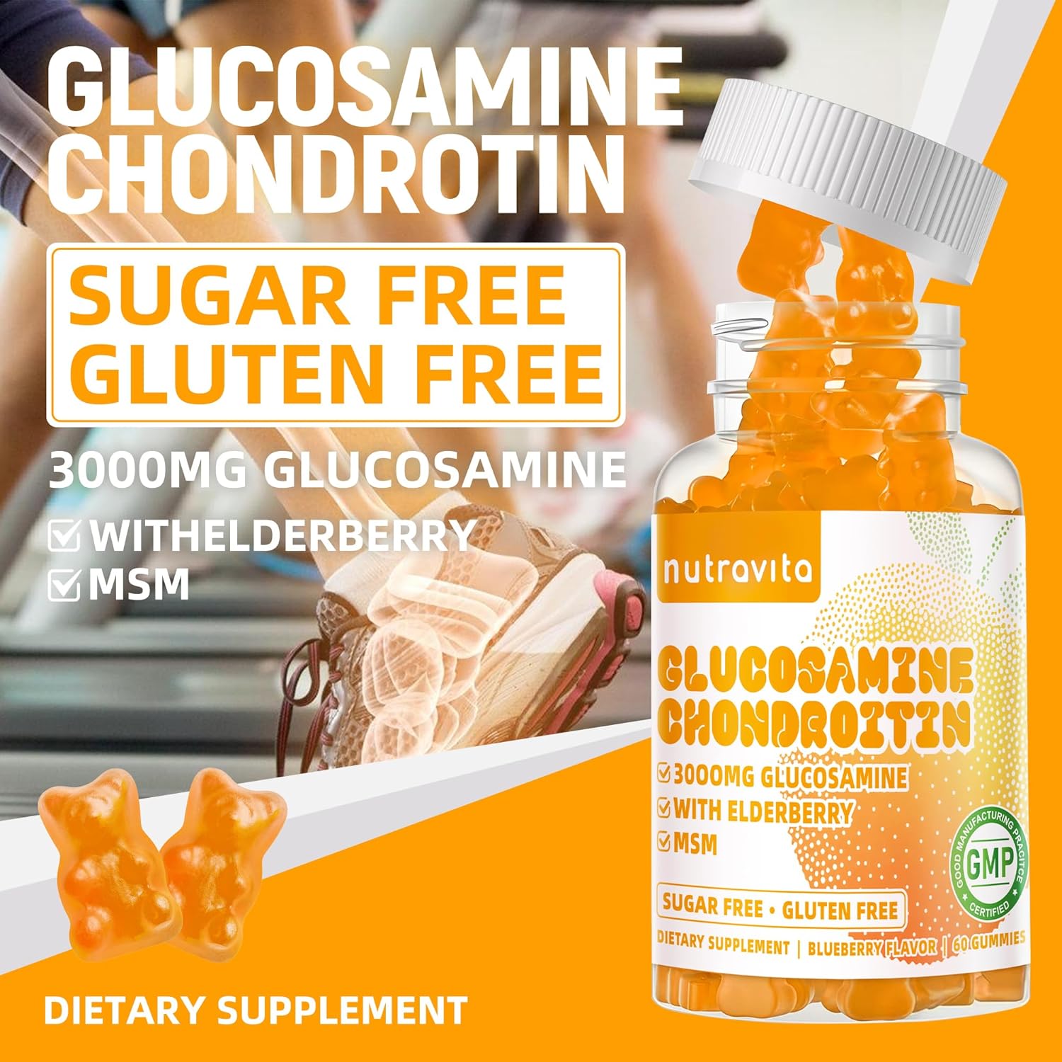 Extra Strength Nutravita Glucosamine Chondroitin Gummies with MSM, Elderberry - Joint & Immune Support for Adults - 60 Orange Chews