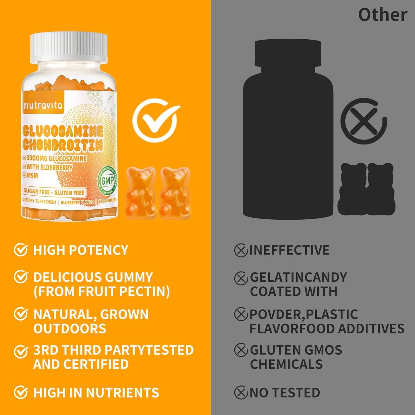 Extra Strength Nutravita Glucosamine Chondroitin Gummies with MSM, Elderberry - Joint & Immune Support for Adults - 60 Orange Chews