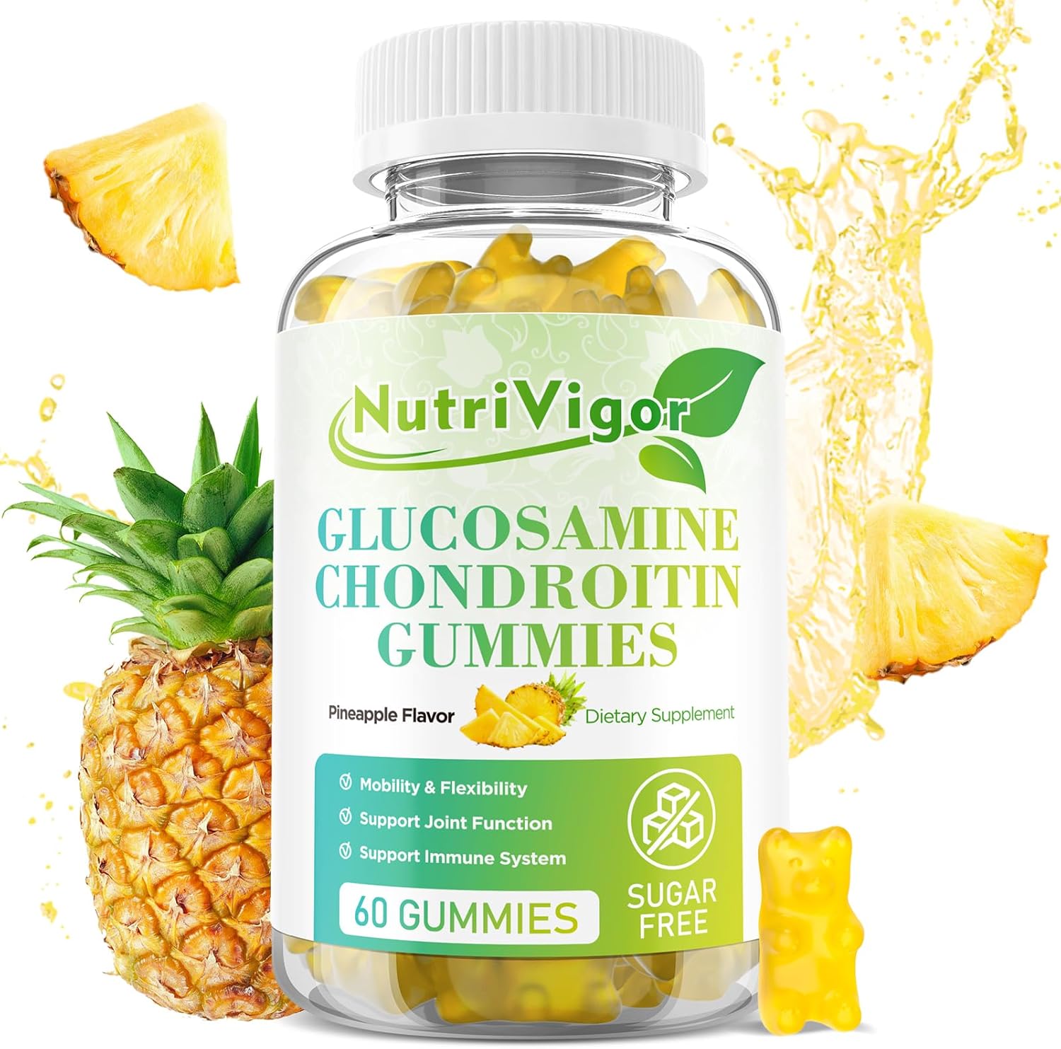 Extra Strength NutriVigor Glucosamine Chondroitin Gummies with MSM & Elderberry - 60 Count, Pineapple Flavor, Antioxidant Immune Support for Adults