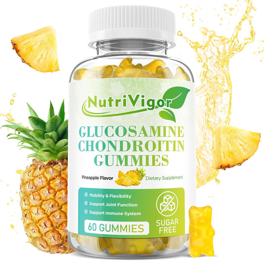 Extra Strength NutriVigor Glucosamine Chondroitin Gummies with MSM & Elderberry - 60 Count, Pineapple Flavor, Antioxidant Immune Support for Adults