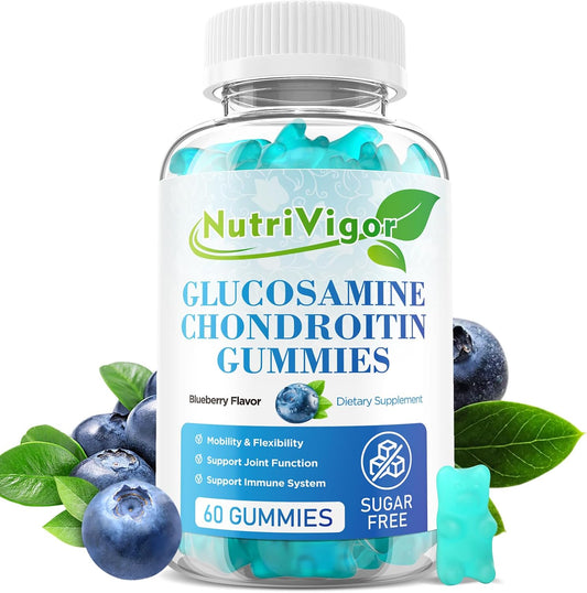 Extra Strength NutriVigor Glucosamine Chondroitin Gummies with MSM & Elderberry for Joint Support - 60 Count, Blueberry Flavor for Adults