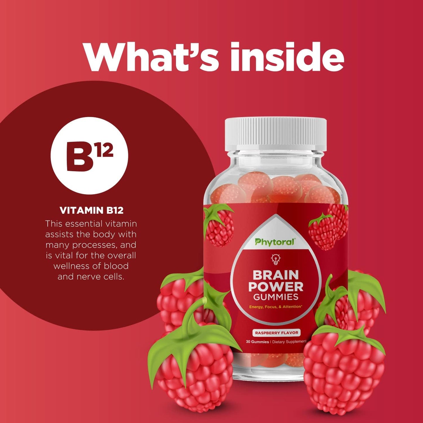 Extra Strength Phytoral Vegan Vitamin B12 Gummies - Daily Energy Support for Women and Men - 1000mcg B12 Per Serving - Raspberry Flavor - Gluten Free