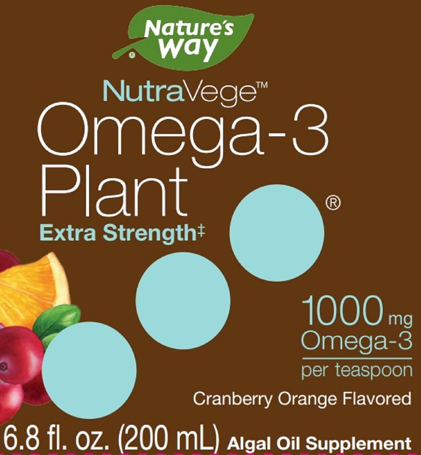 Extra Strength Plant-Based Omega-3 Liquid for Eye, Heart, Brain Health - Cranberry-Orange Flavored, 6.8 oz