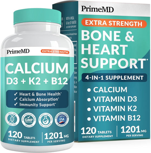 Extra Strength PrimeMD 4-in-1 Calcium Supplement with Vitamin D3, K2, and B12 - 1200mg Calcium Citrate for Bone and Heart Support - 120ct Tablets for Women and Men