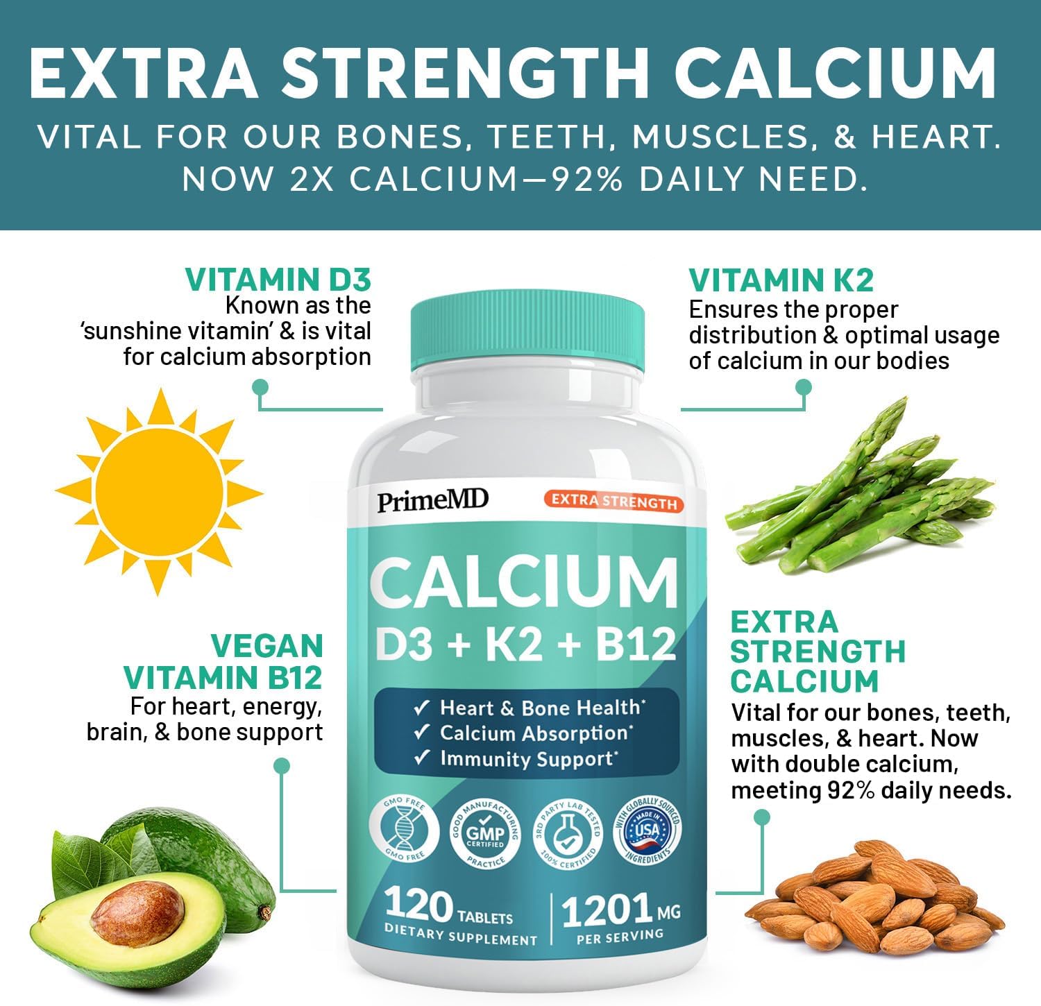 Extra Strength PrimeMD 4-in-1 Calcium Supplement with Vitamin D3, K2, and B12 - 1200mg Calcium Citrate for Bone and Heart Support - 120ct Tablets for Women and Men