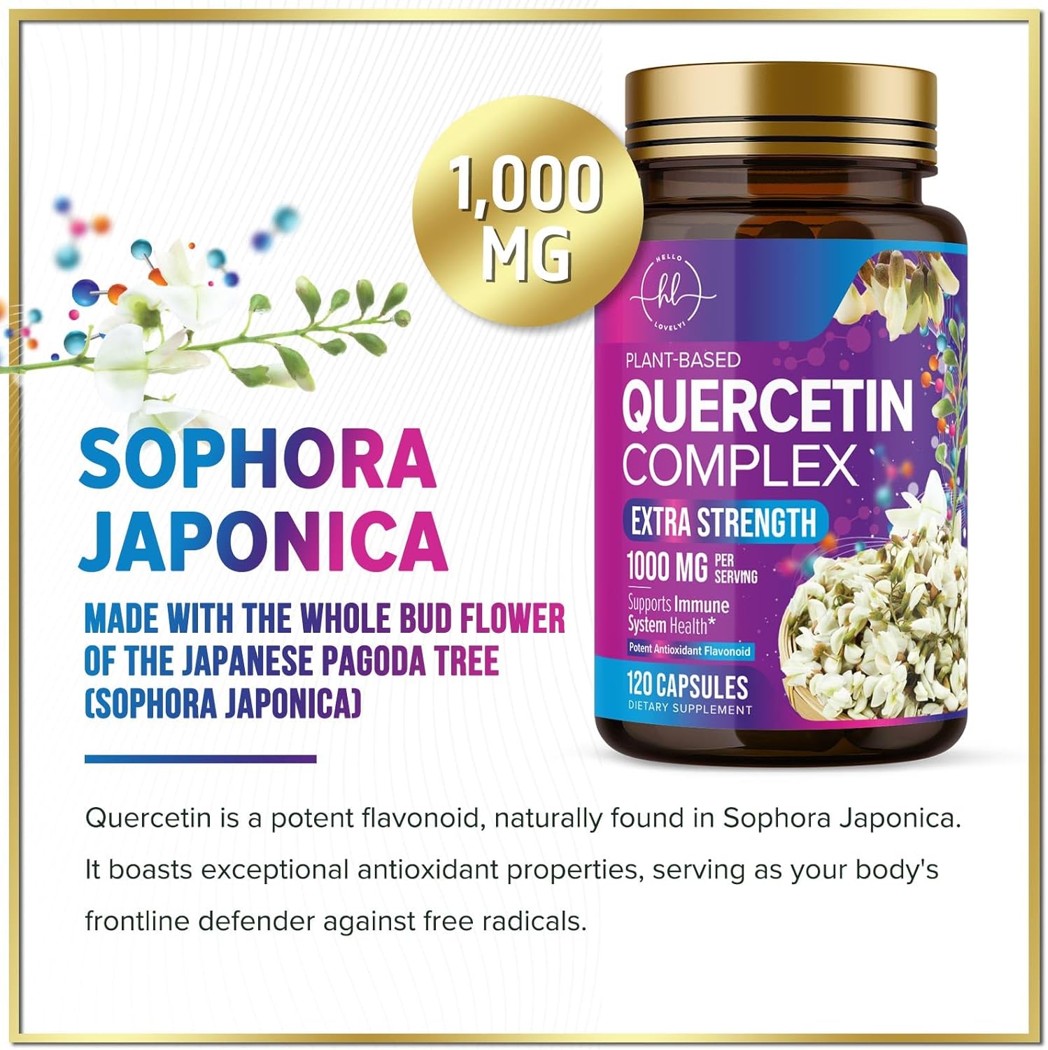 Extra Strength Quercetin 1000mg Capsules - Immune & Heart Health Support - Antioxidant & Respiratory Health - Gluten Free, Non-GMO - 120 Capsules