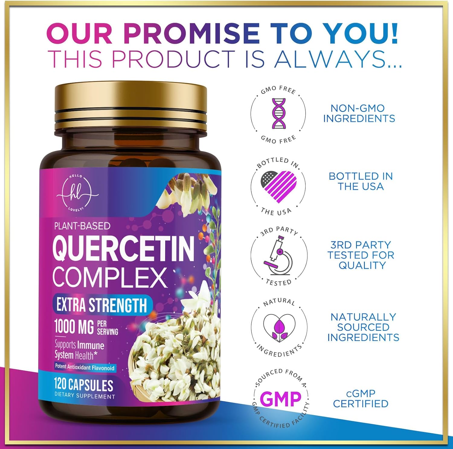 Extra Strength Quercetin 1000mg Capsules - Immune & Heart Health Support - Antioxidant & Respiratory Health - Gluten Free, Non-GMO - 120 Capsules