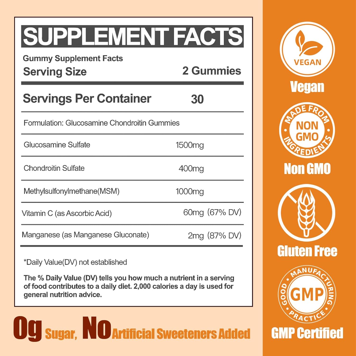 Extra Strength Sugar Free Glucosamine Chondroitin Gummies with Vitamin C - 1500mg Immune Support for Adults, Men & Women - 60 Count
