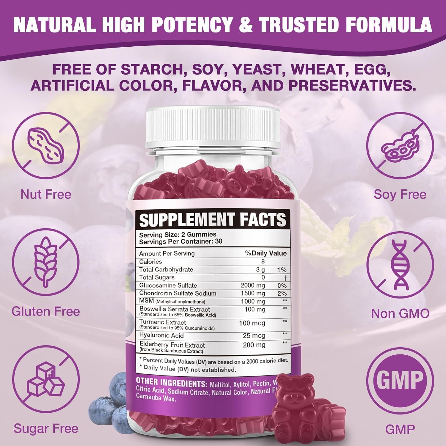 Extra Strength Sugar-Free Glucosamine Chondroitin Gummies - 2000mg with MSM, Turmeric, Joint & Immune Support - 60 Gummies