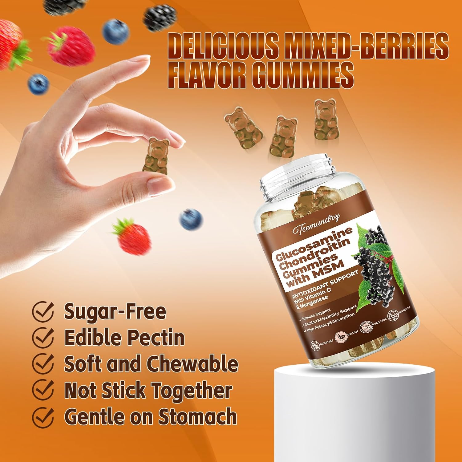 Extra Strength Sugar Free Glucosamine Chondroitin Gummies with Vitamin C - 1500mg Immune Support for Adults, Men & Women - 60 Count