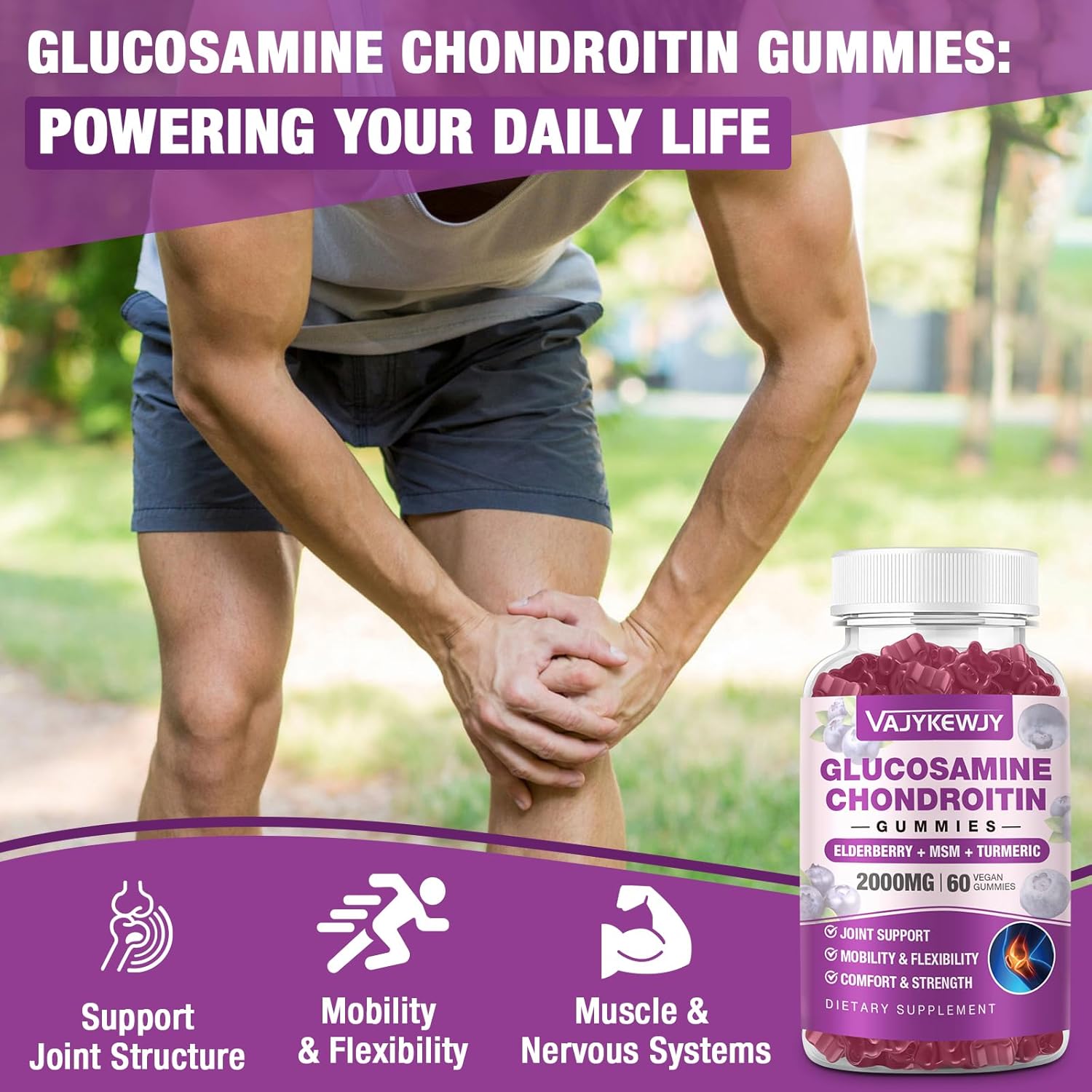 Extra Strength Sugar-Free Glucosamine Chondroitin Gummies - 2000mg with MSM, Turmeric, Joint & Immune Support - 60 Gummies