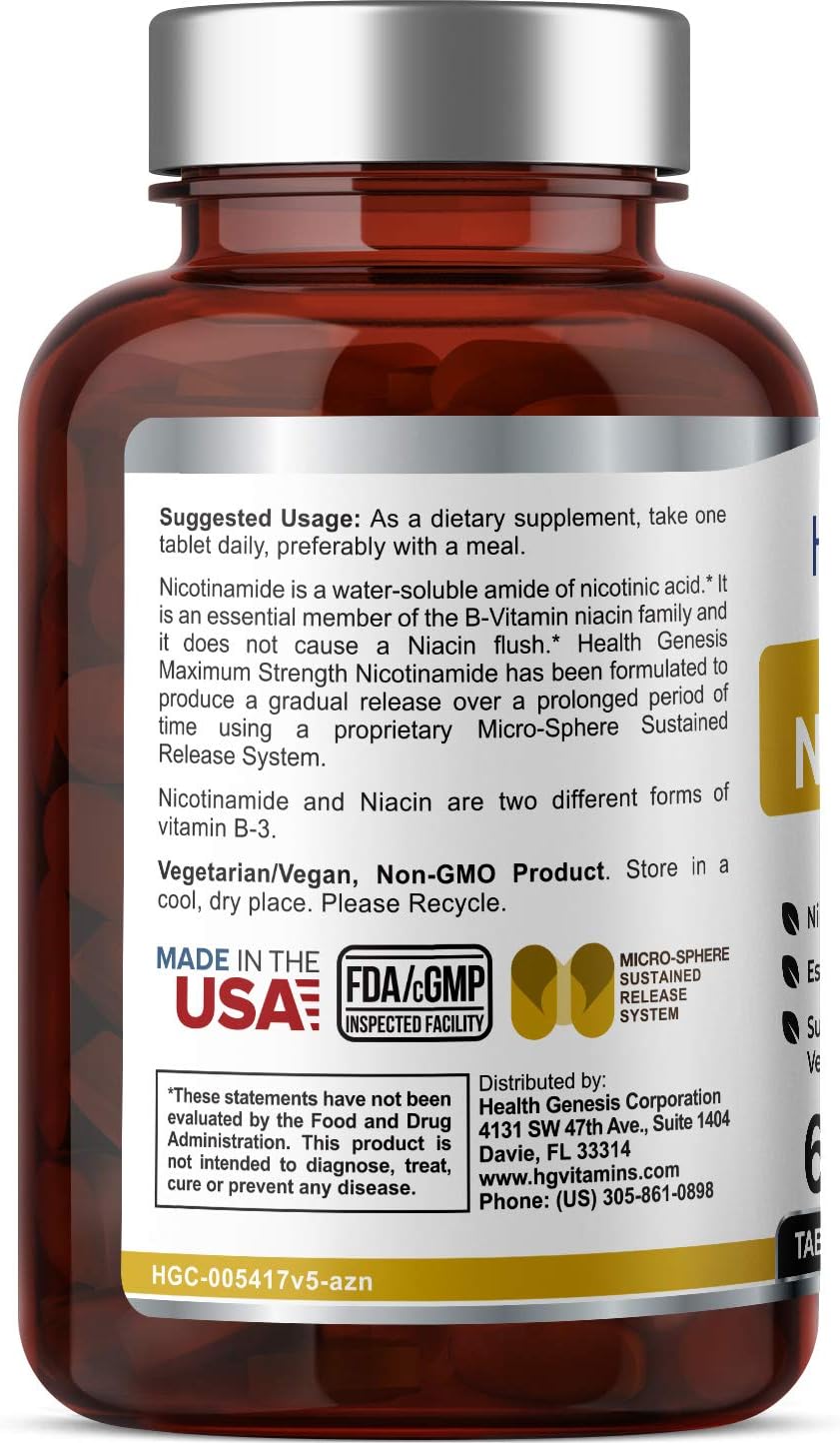 Extra Strength Timed Release Nicotinamide Niacin 1000mg - 60 Tablets for Skin Cell Health - Natural Flush-Free Vitamin Formula