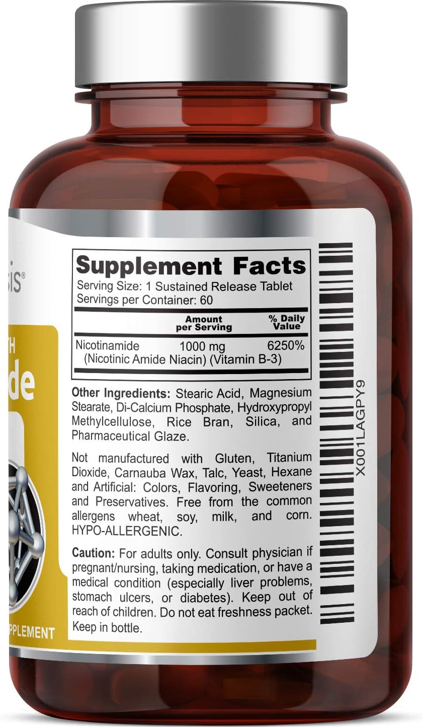 Extra Strength Timed Release Nicotinamide Niacin 1000mg - 60 Tablets for Skin Cell Health - Natural Flush-Free Vitamin Formula