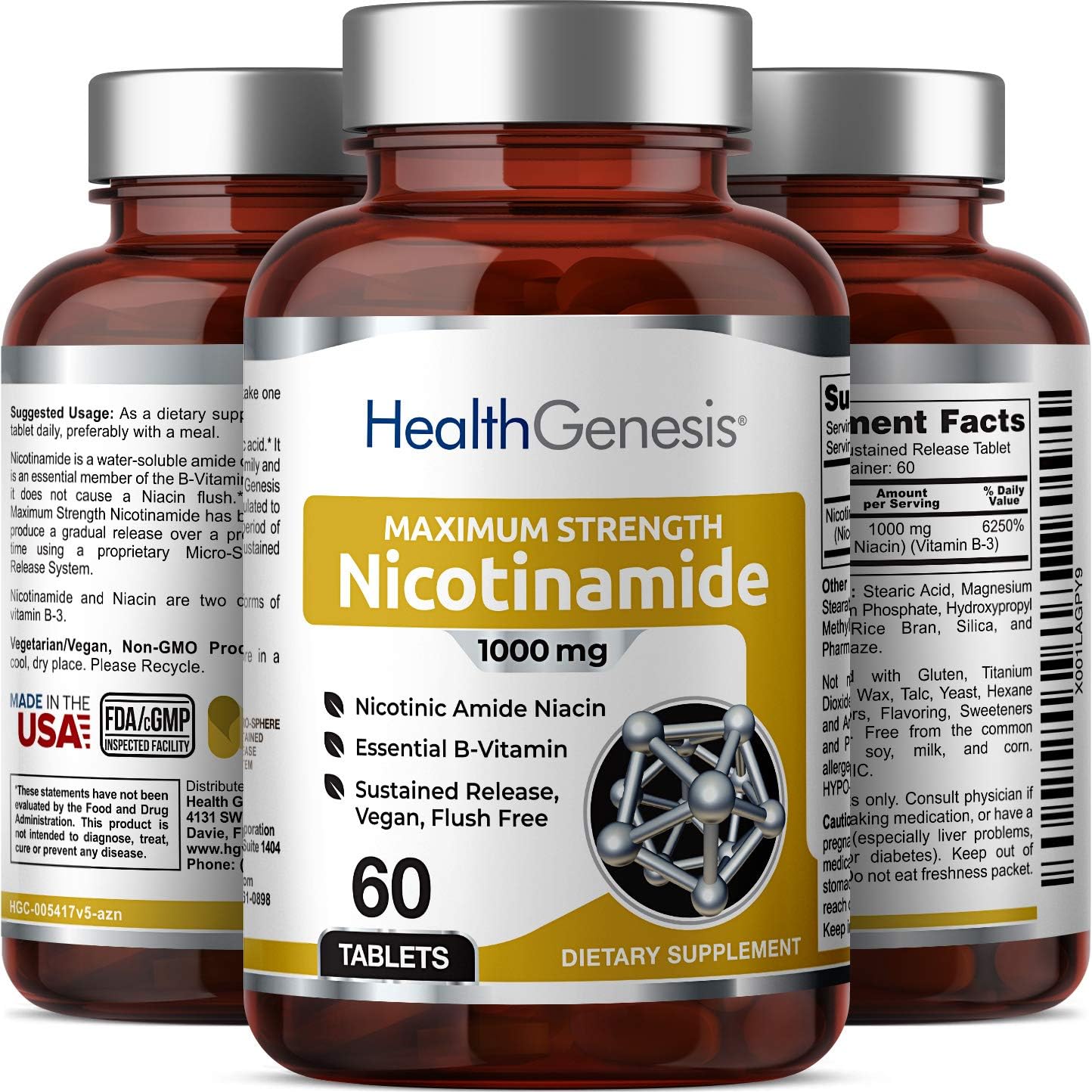 Extra Strength Timed Release Nicotinamide Niacin 1000mg - 60 Tablets for Skin Cell Health - Natural Flush-Free Vitamin Formula