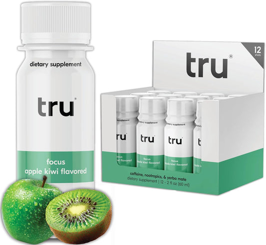 Extra Strength Tru Focus Shot Energy Shots with Yerba Mate, Apple Kiwi Flavor, 100mg Natural Caffeine - Kosher, Vegan, Gluten Free - 12 Pack, 2oz Shots