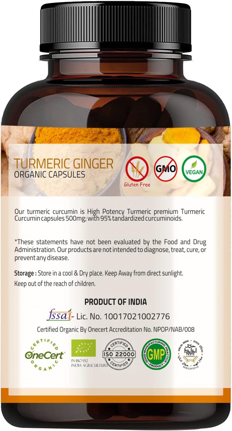 Extra Strength Turmeric Ginger with Black Pepper Capsules - 1000 mg, 95% Curcuminoids, Joint Support, Non-GMO - 120 Capsules